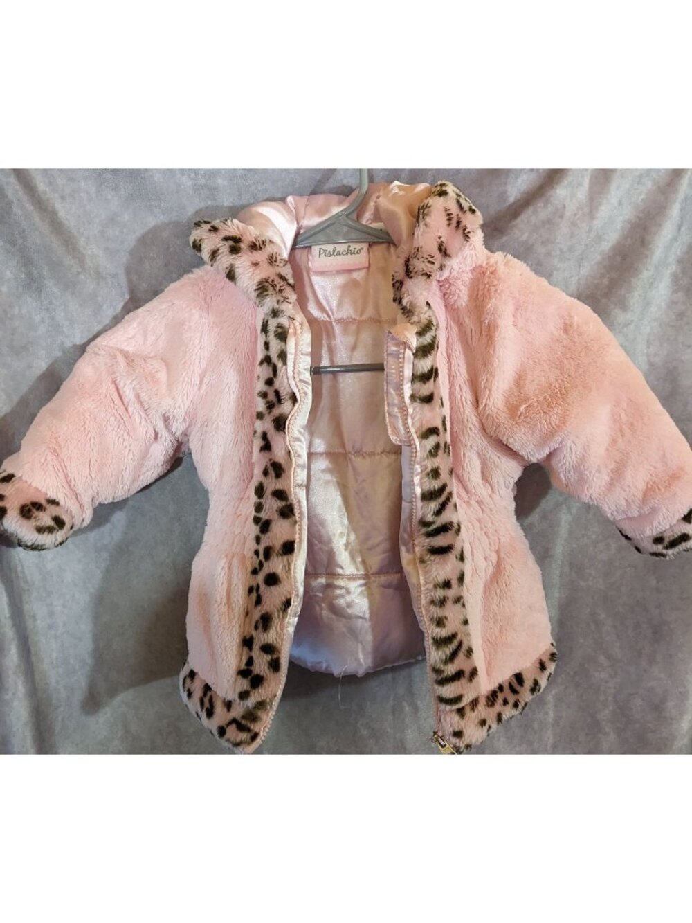 Pistachio Pink Faux Fur Coat 24 Months With Hood & Leopard Trim